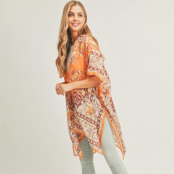 Orange Lightweight Boho Print Kimono Wrap Cover Up - Picture 2 of 5